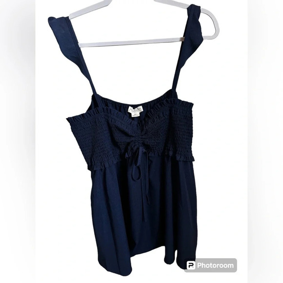 Chic Soul Navy Blue Ruched Spaghetti Strap Blouse-  Women's 2X - Picture 2 of 6